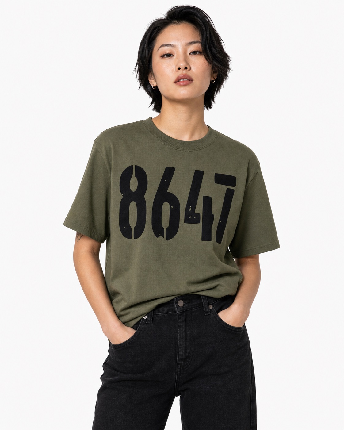 Woman wearing the Military Green standalone 8647 T-shirt