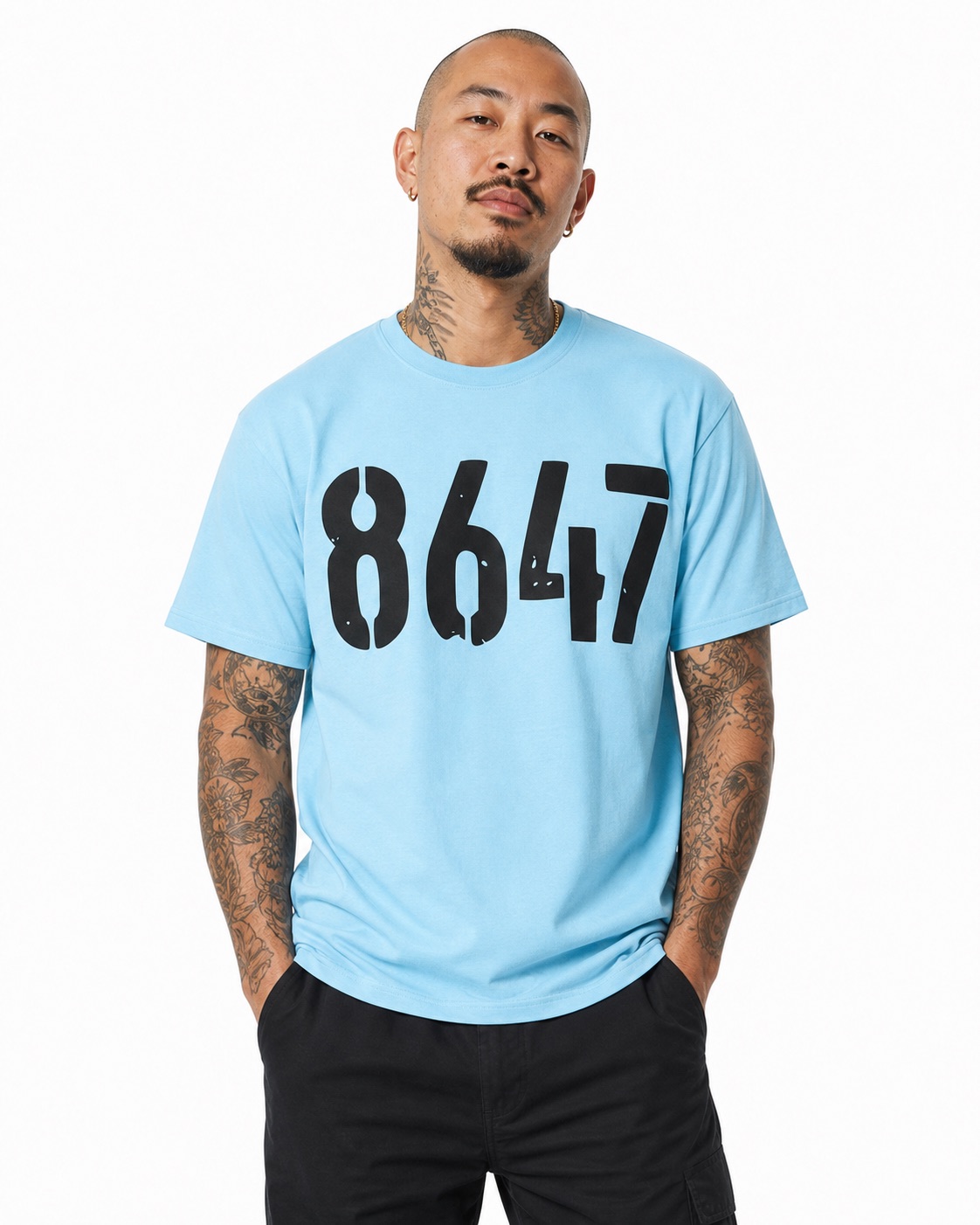 Man wearing the Sky standalone 8647 T-shirt