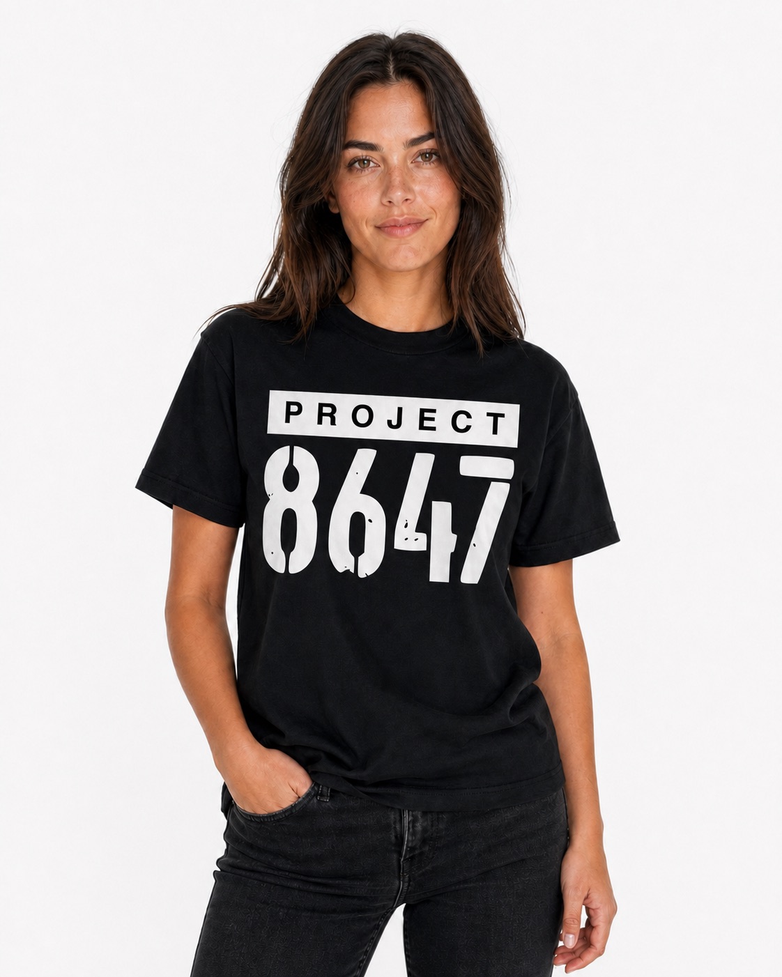Woman wearing the black Project 8647 full-lockup T-shirt