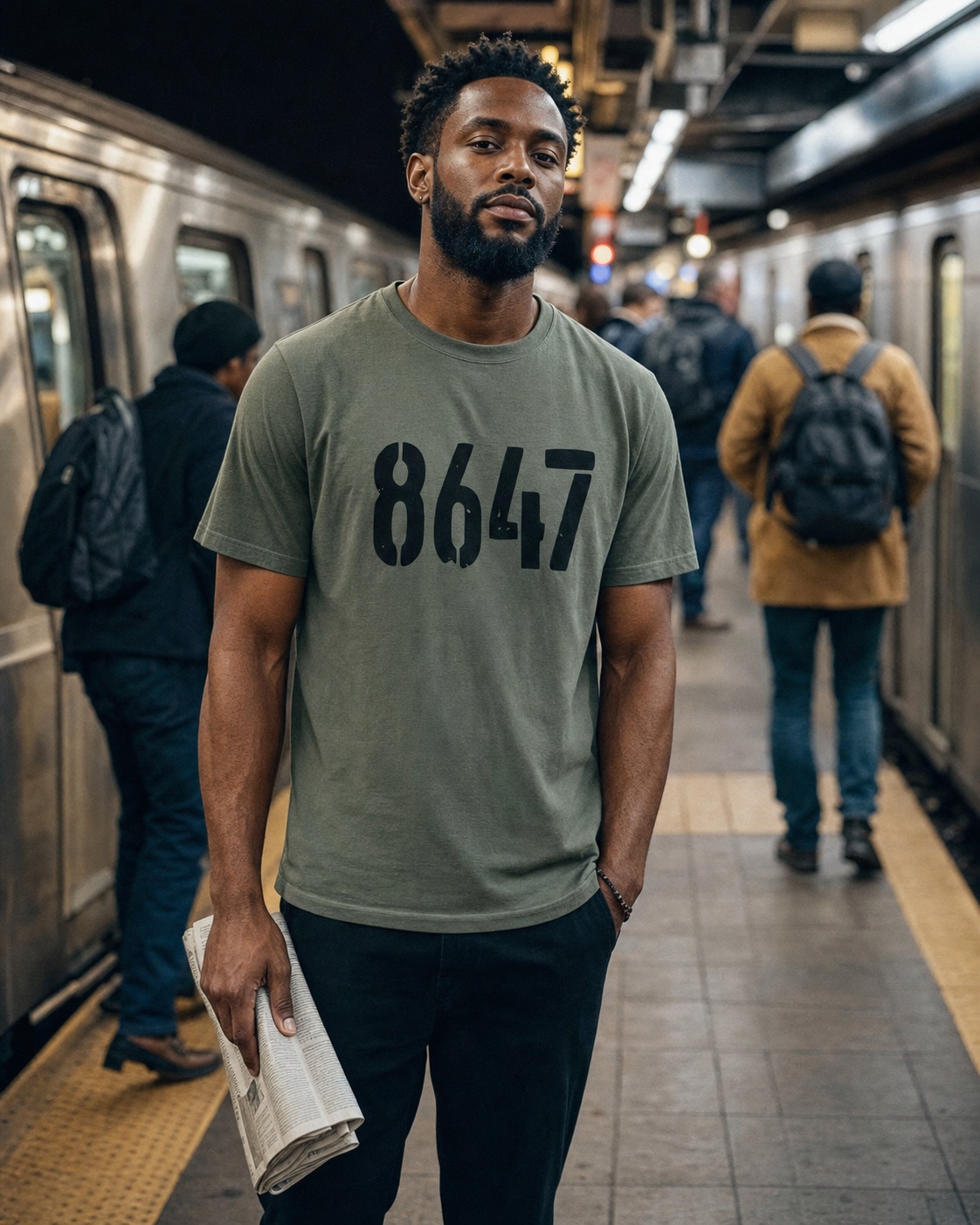 Man wearing a military green 8647 T-shirt on a subway platform