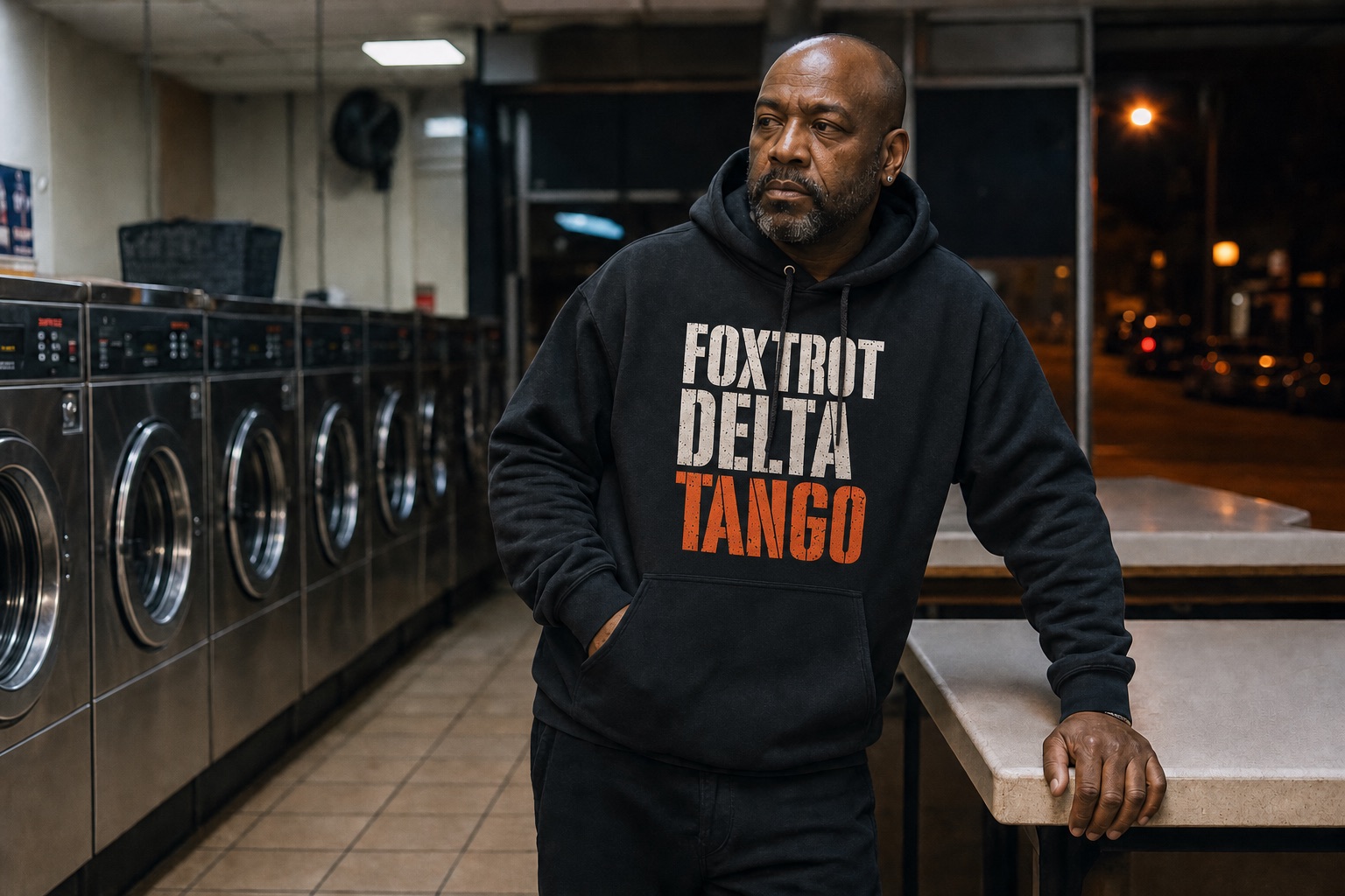 Man wearing a Foxtrot Delta Tango hoodie in a neighborhood laundromat
