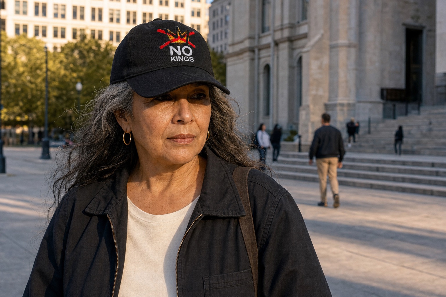 Woman wearing an embroidered No Kings cap while crossing a downtown civic plaza