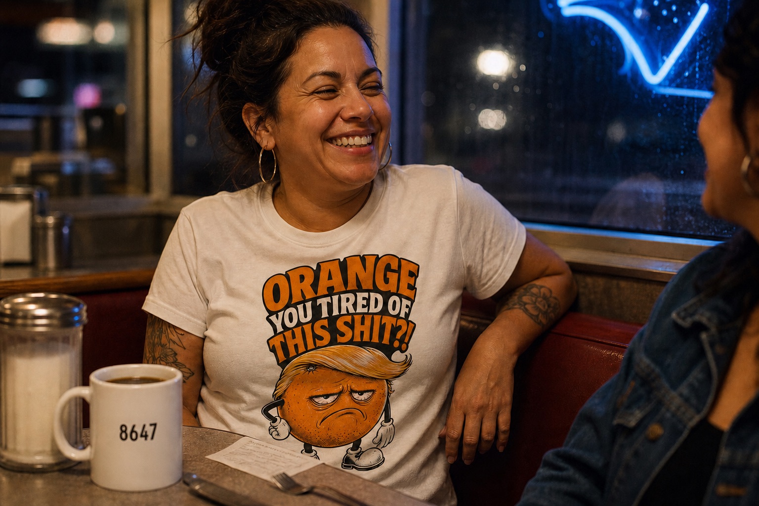 Woman laughing in a diner while wearing the Orange You Tired of This Shit T-shirt beside an understated 8647 mug